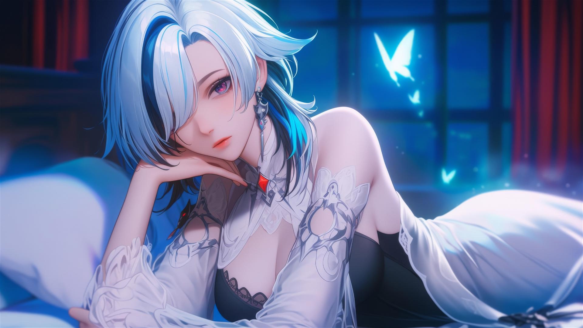 Arlecchino from Genshin Impact with snow white hair, black streaks, resting in a modern hotel room under moonlight.