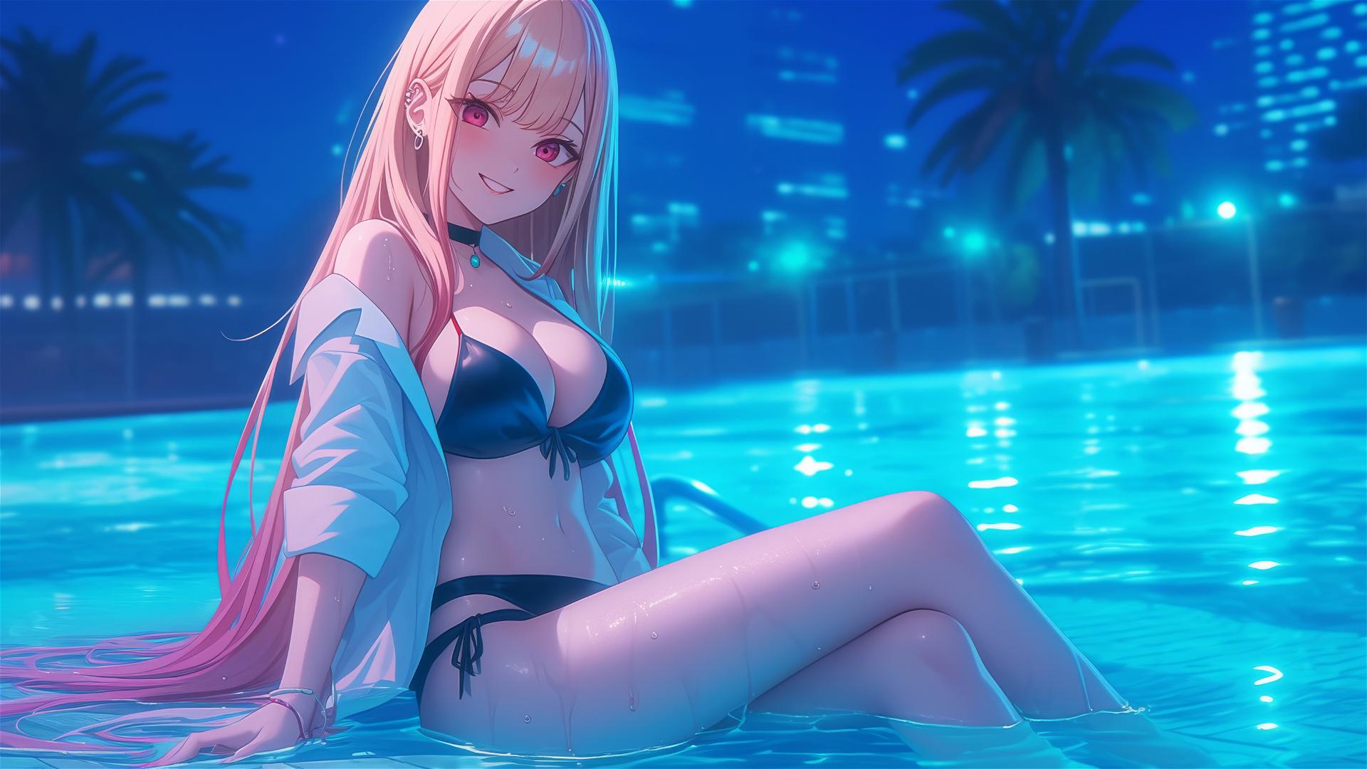 Marin Kitagawa sitting by a rainy swimming pool with moonlight glow.
