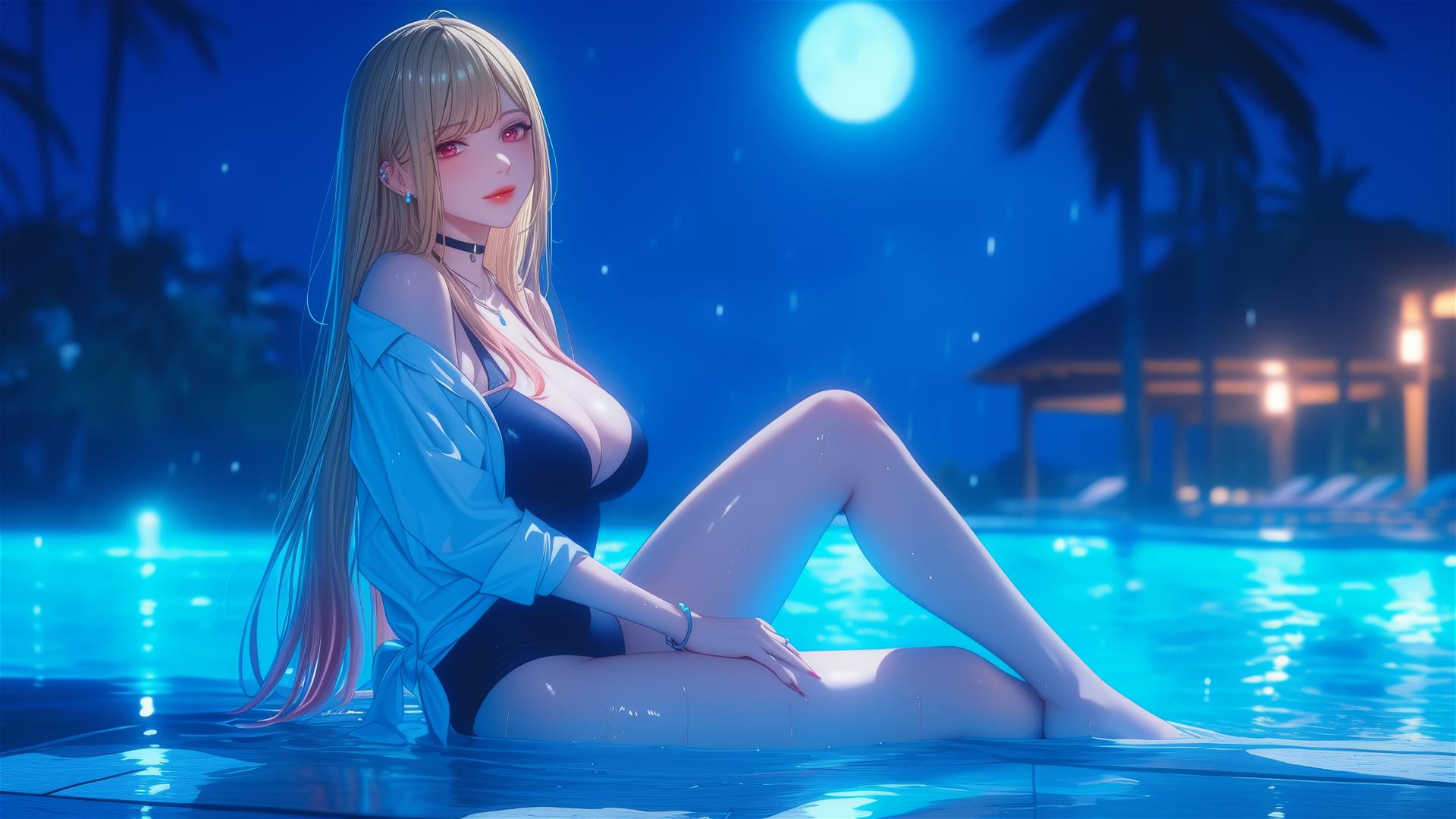 Marin Kitagawa at a rainy pool, moonlight, silky blonde hair, pinkish eyes.