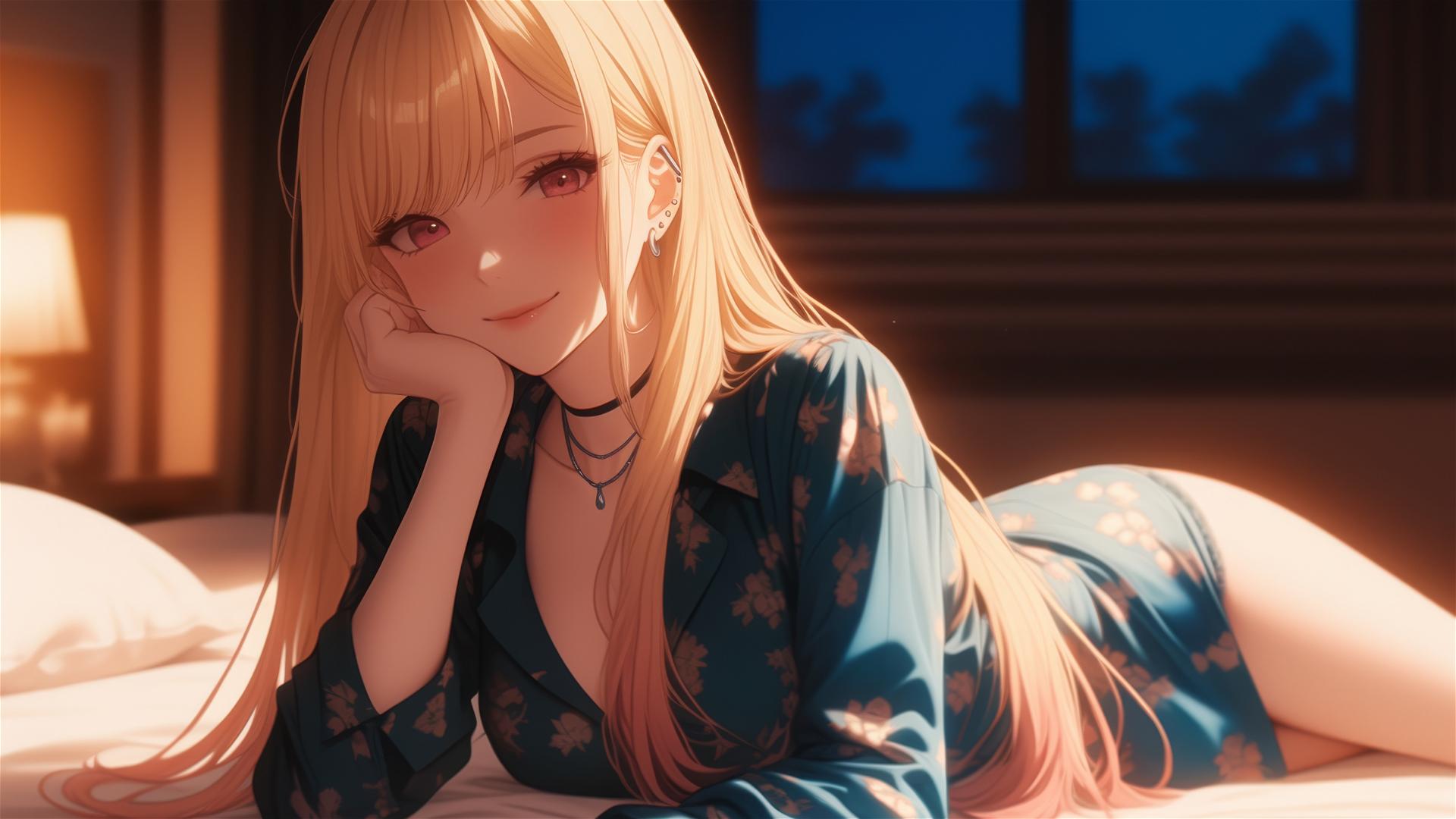 Marin Kitagawa sitting on a hotel bed illuminated by moonlight.