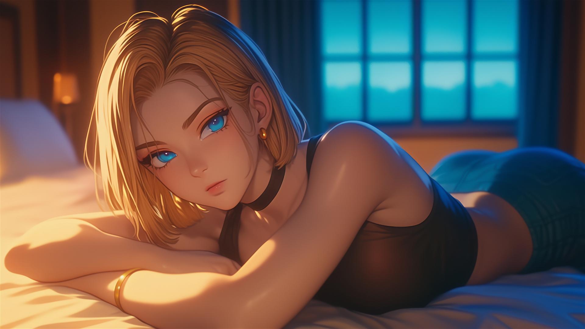 Android 18 from Dragon Ball resting in a modern hotel room by moonlight.