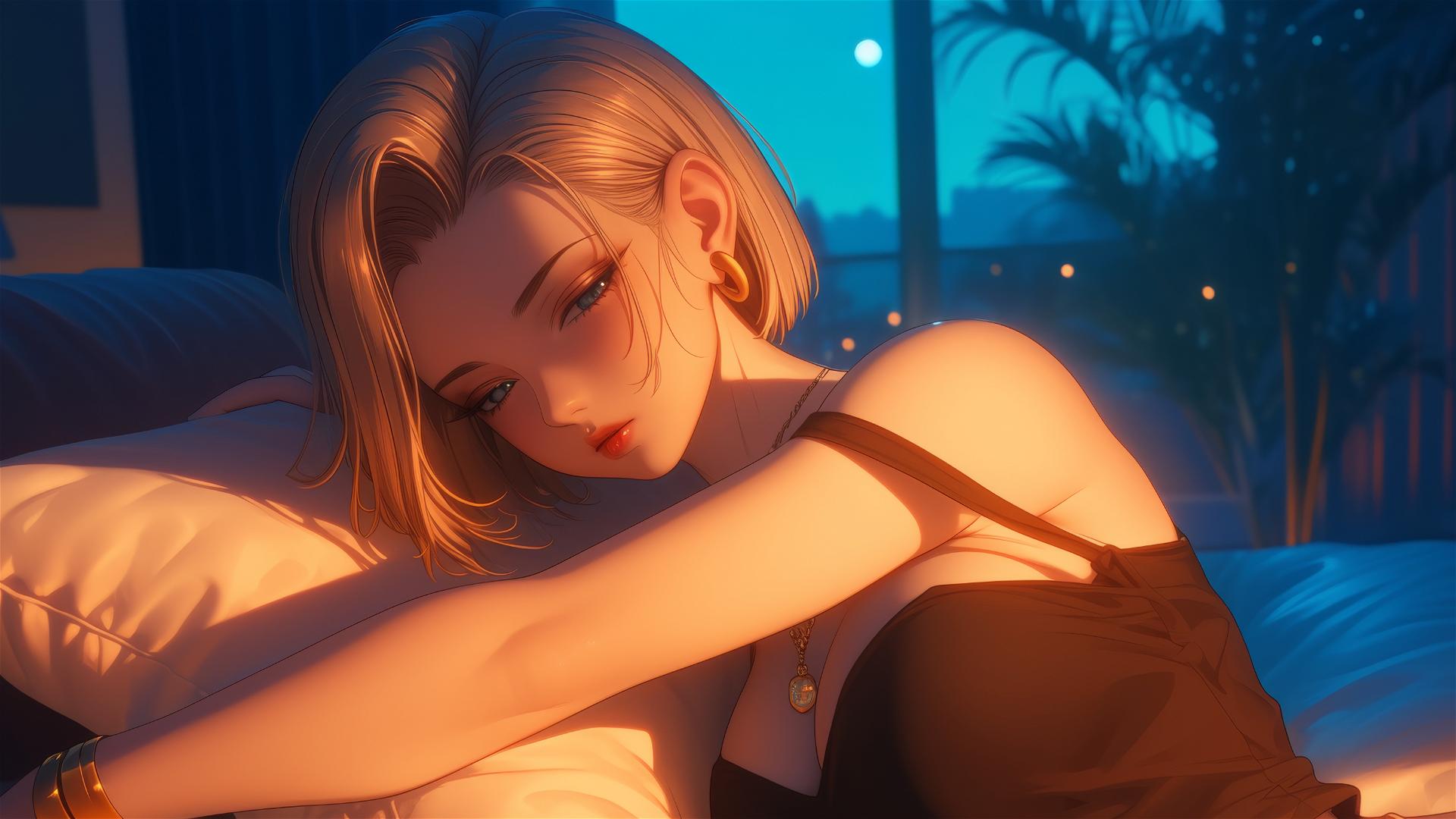 Android 18 resting in a modern hotel room with moonlight glow