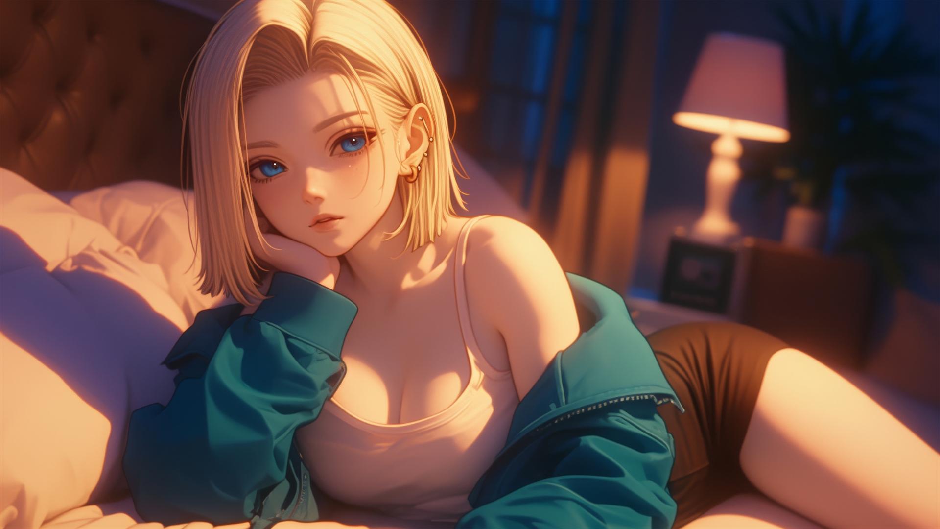 Android 18 from Dragon Ball resting in a modern hotel room, moonlight glow