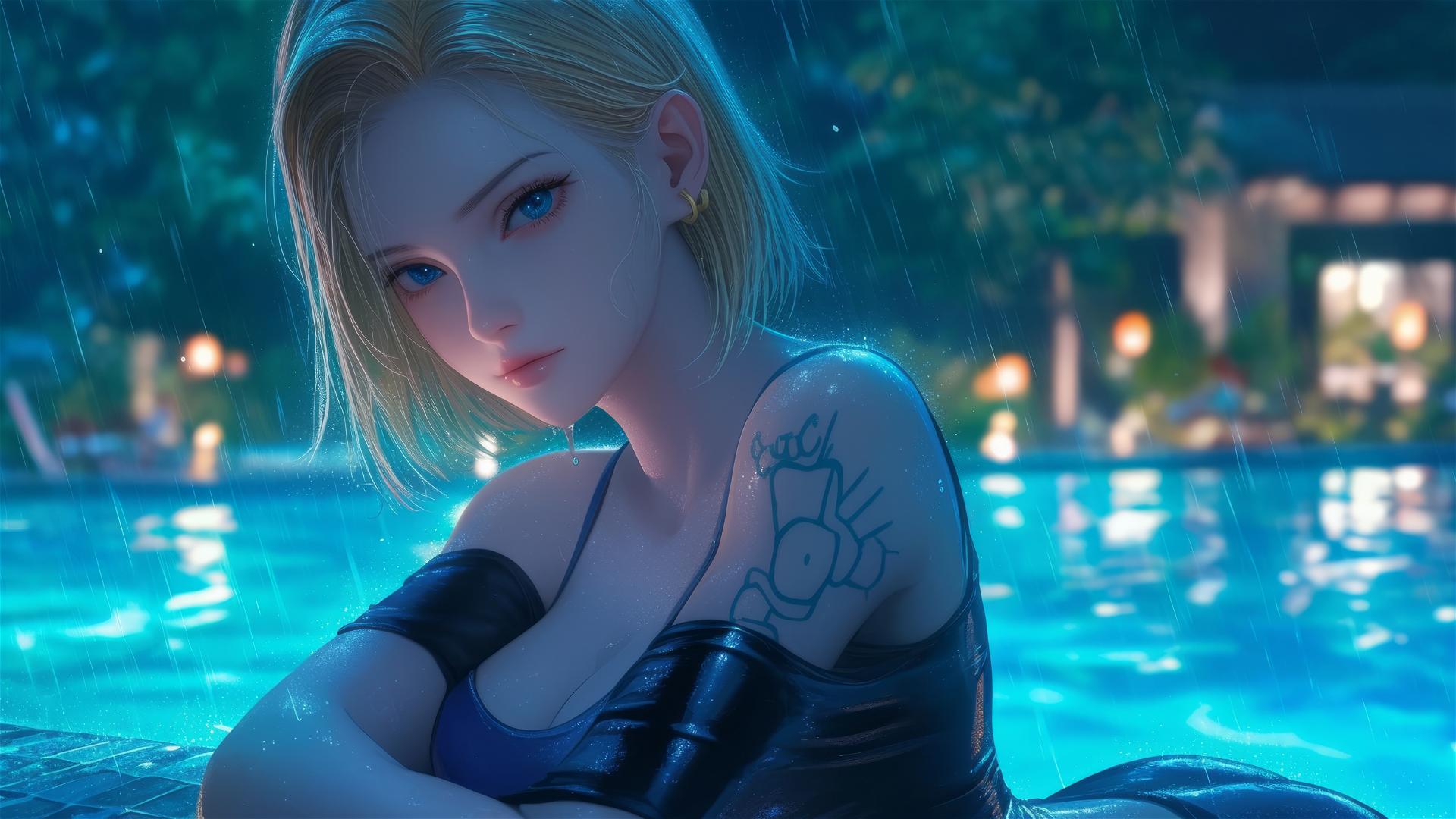 Android 18 resting by rainy swimming pool under moonlight