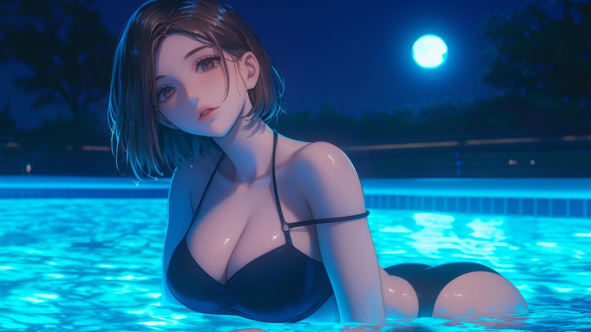 Nobara Kugisaki resting by a rainy swimming pool under moonlight