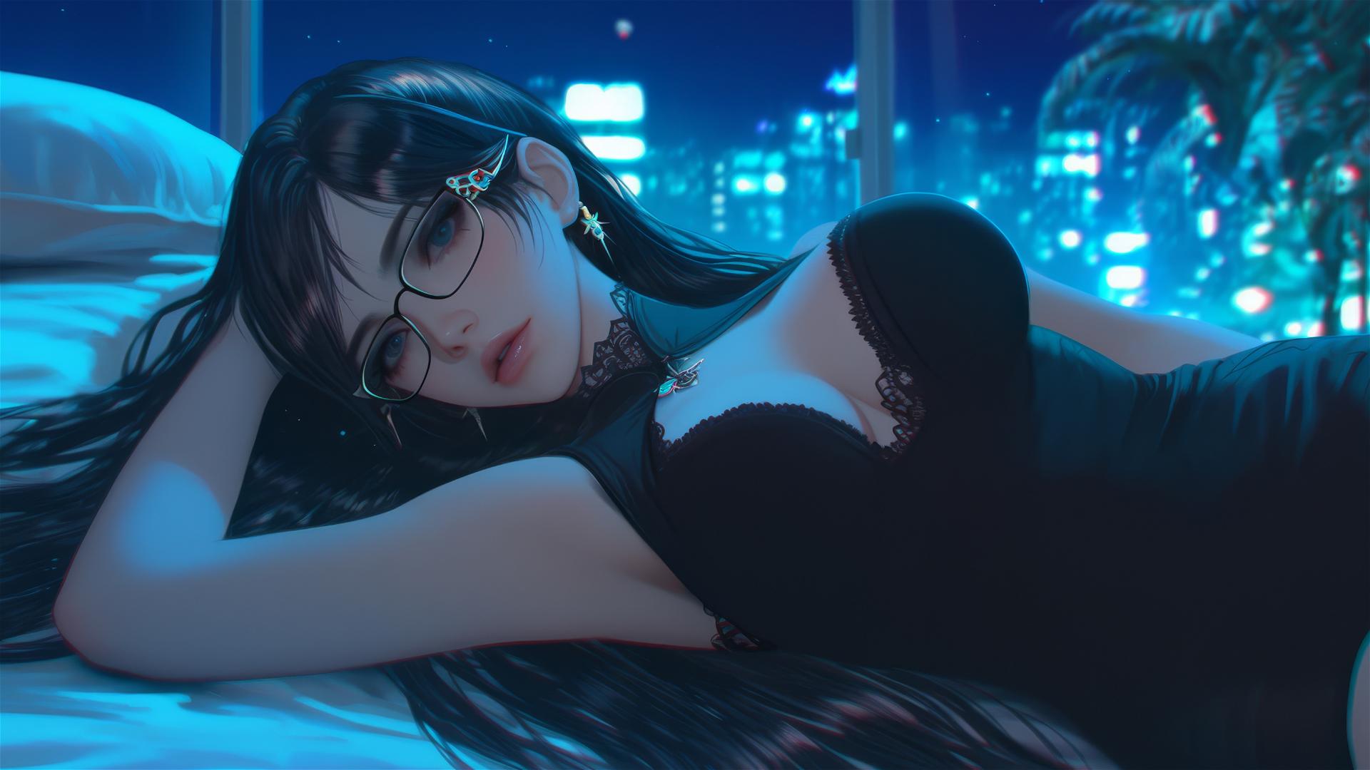 Bayonetta resting in a modern hotel room with moonlight glow