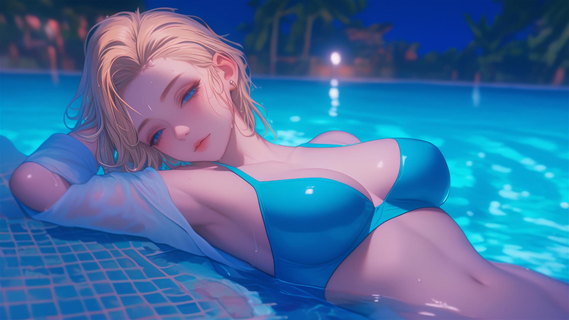 Android 18 from Dragon Ball relaxing by a rainy swimming pool.