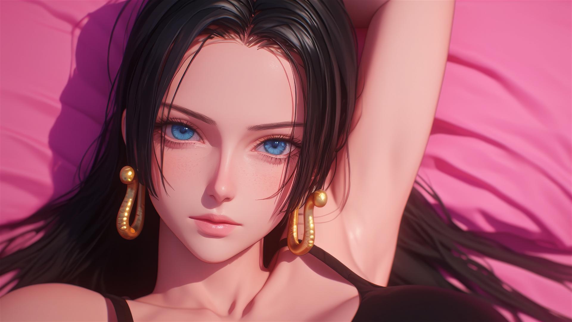 Boa Hancock from One Piece in bed, black and pink leather, neon colors, pink background