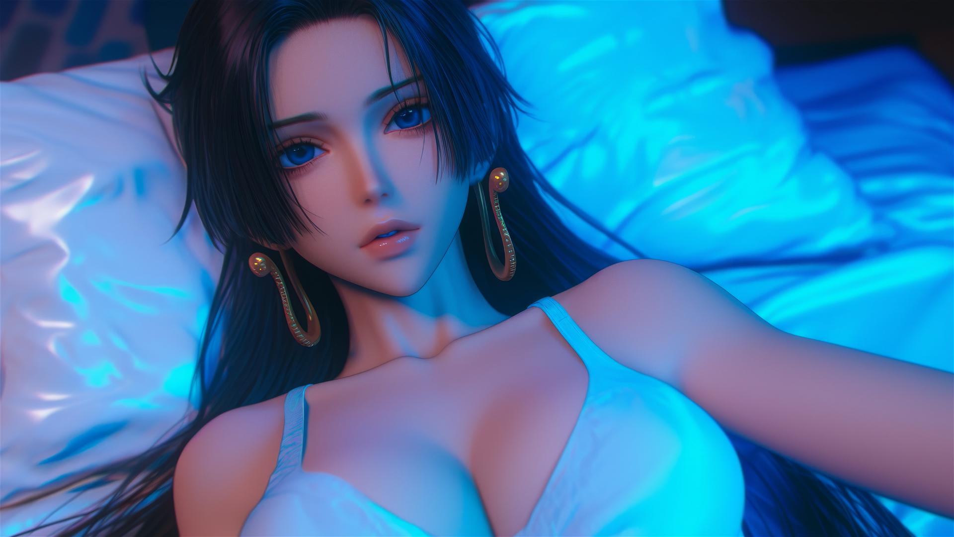 Boa Hancock from One Piece in bed with neon colors, pink background, high contrast, anime style, hyper realistic