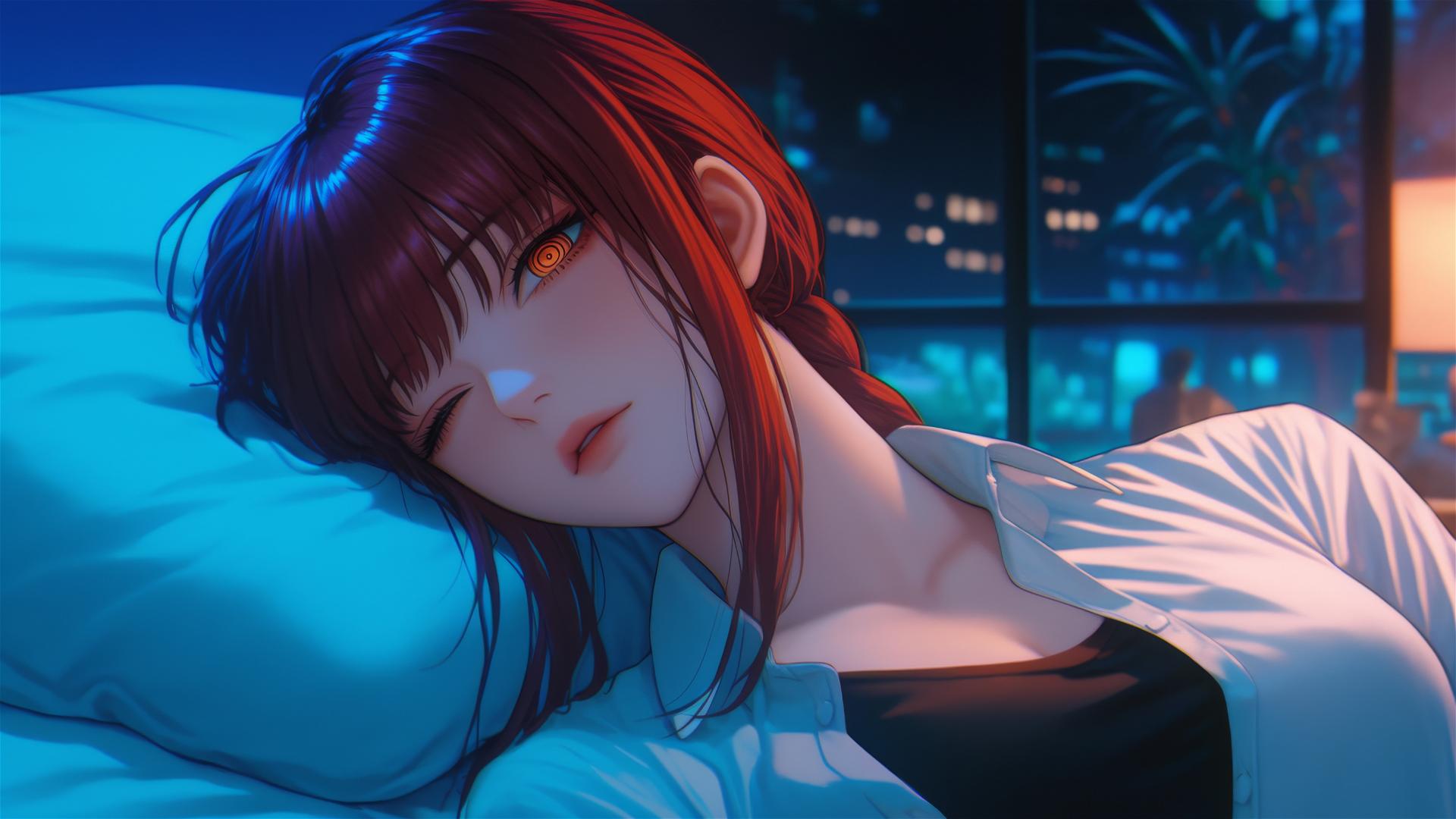 High angle of Makima from Chainsaw Man with reddish hair in bed