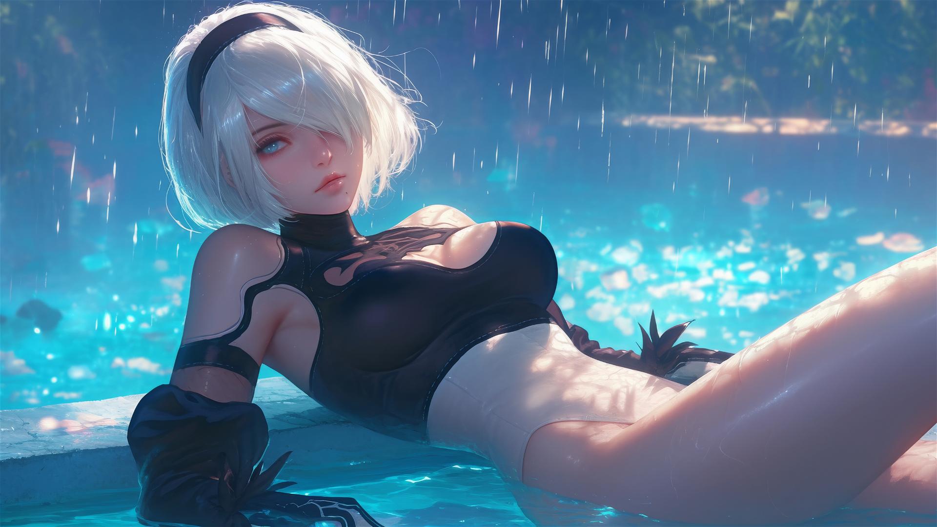 2B from Nier lounging by a rainy pool with moonlit glow