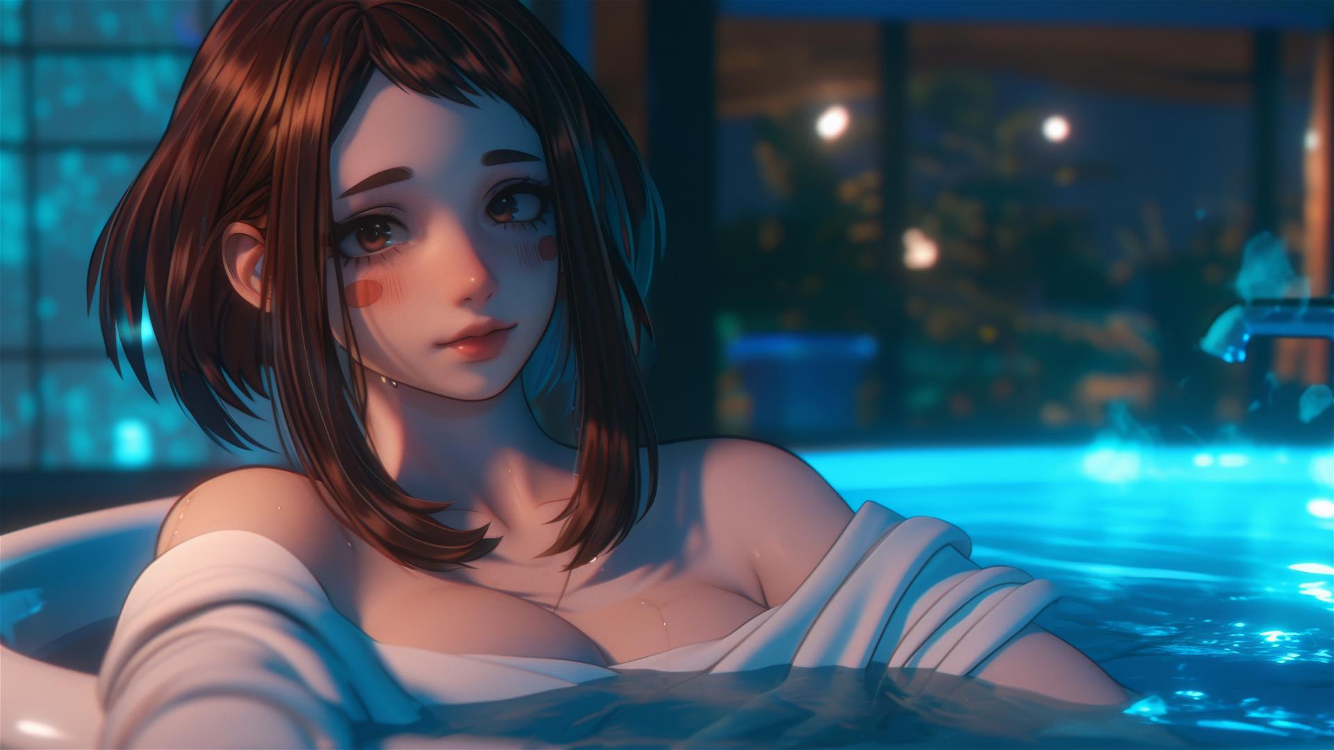 Ochaco Uraraka resting in a tub with warm light, auburn hair, pink blush, and bobbed hairstyle.
