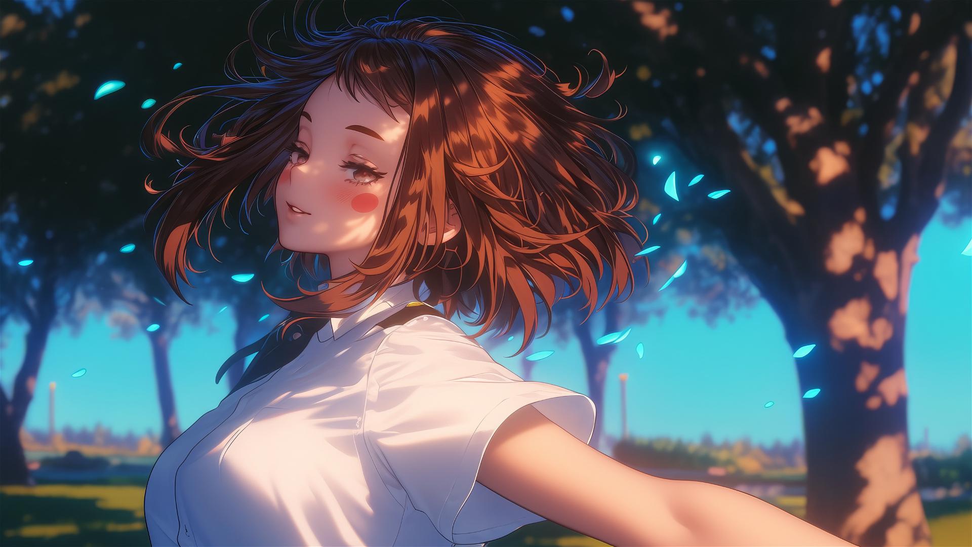 Ochaco Uraraka from My Hero Academia running in a quiet modern park at sunrise with warm light.