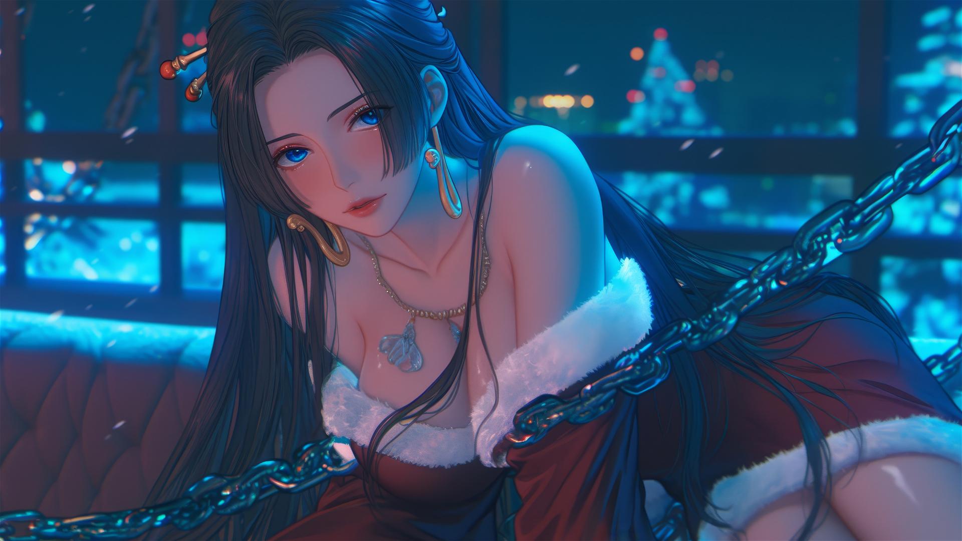 Boa Hancock in a Christmas costume, chained in a neon-lit hotel room