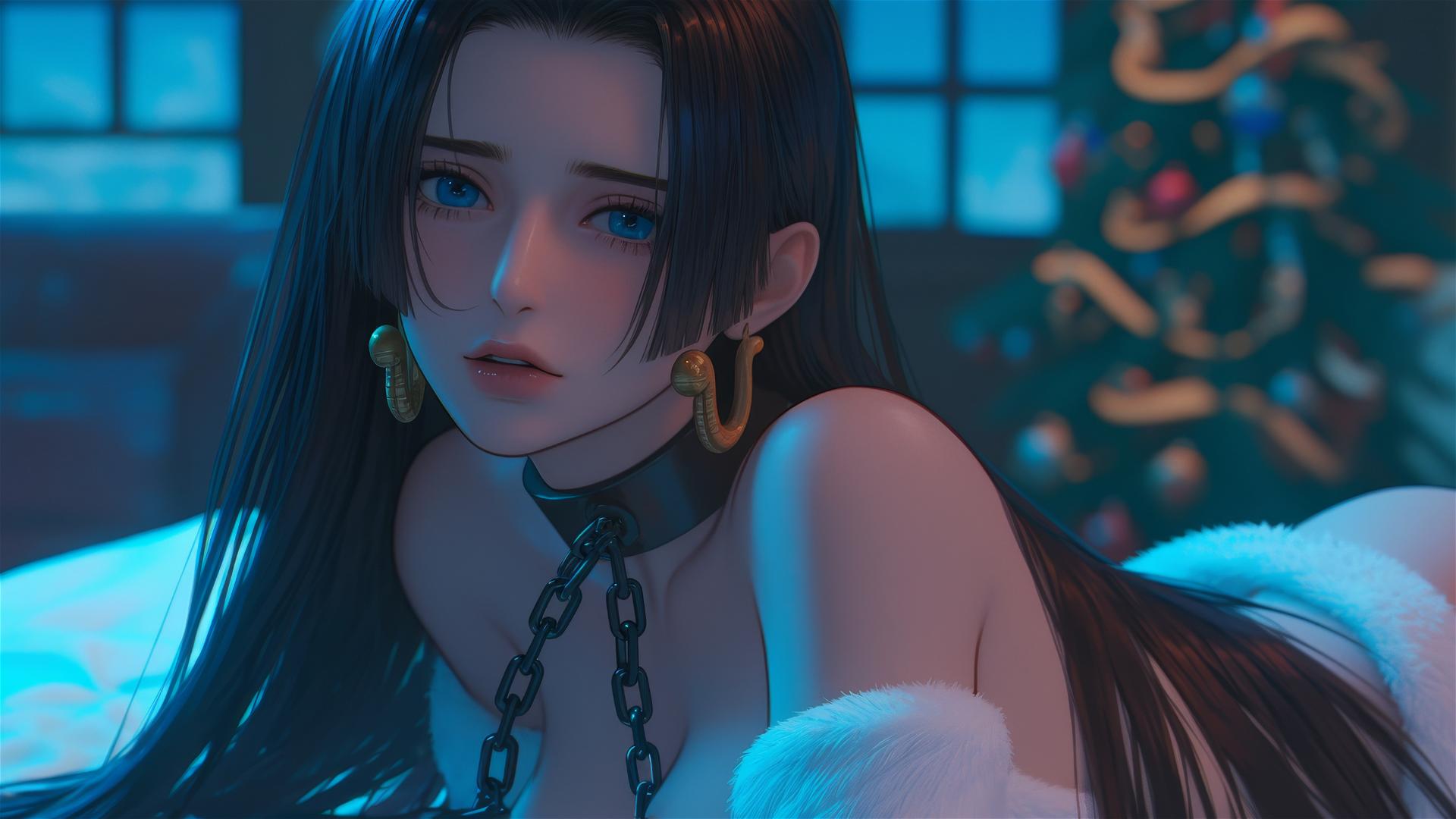 Boa Hancock in a Christmas costume, chained, in a neon-lit hotel room