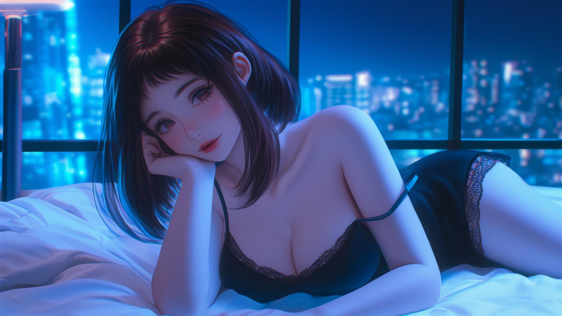 Ochaco Uraraka in a neon-lit modern hotel room, auburn hair, pink blush