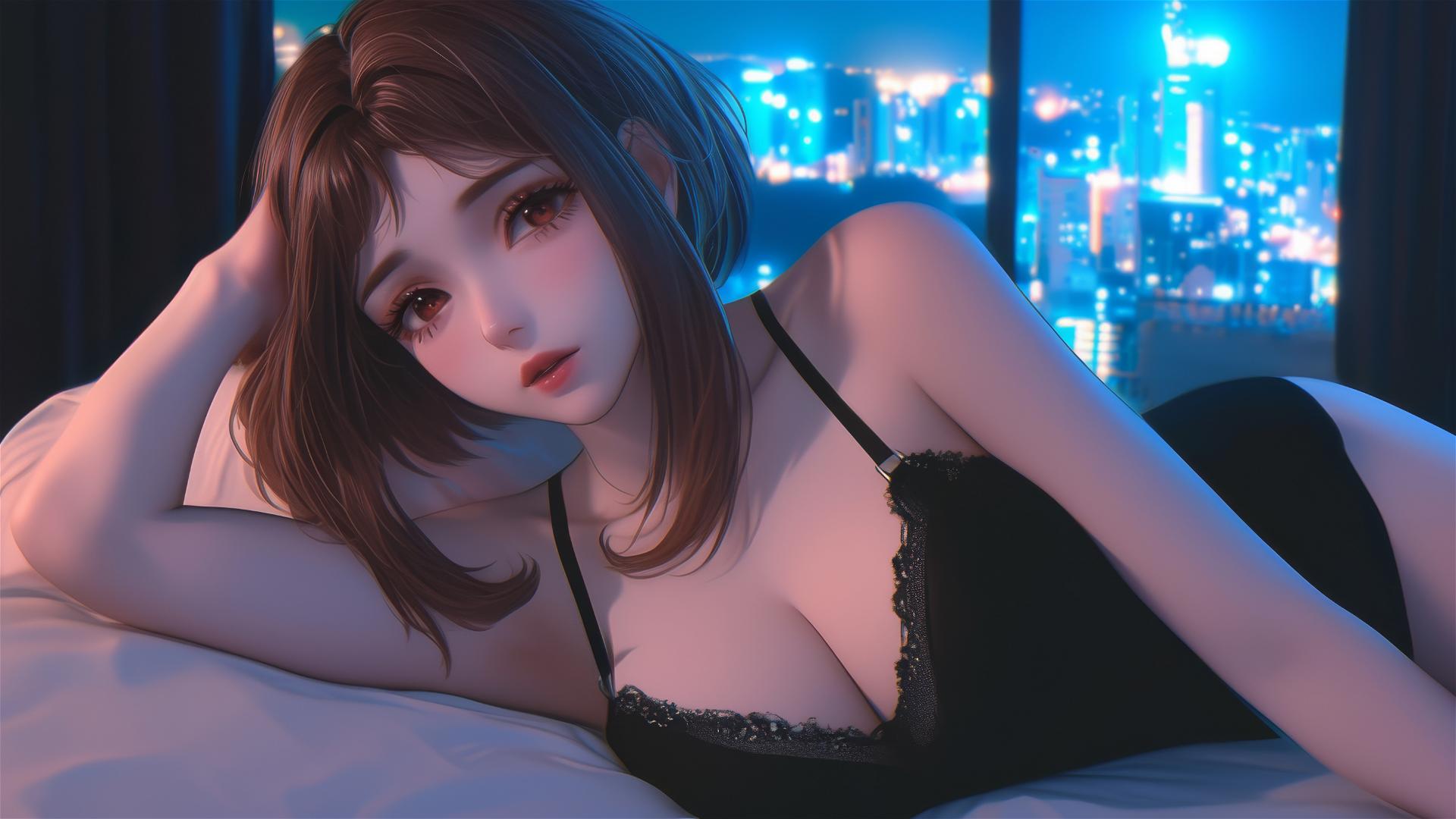 Ochaco Uraraka in modern hotel room with neon light glow