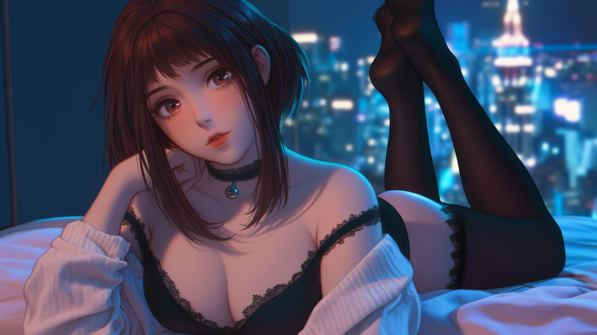 Ochaco Uraraka in a modern hotel room with neon light, auburn hair and eyes, pink blush