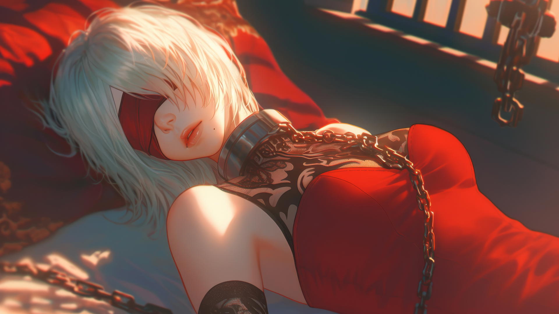2B from Nier in modern hotel room, neck locked with thick iron chains, wearing red blindfold, glowing warm light.