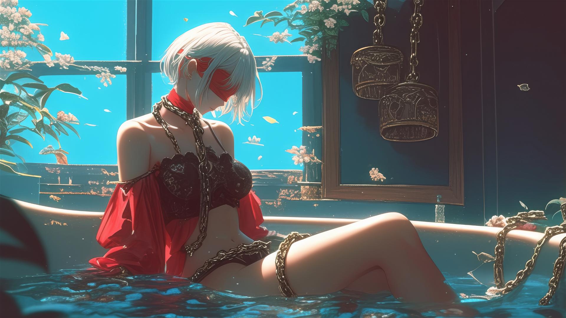 2B from Nier with neck locked in thick iron chains, wearing red, in a modern apartment tub