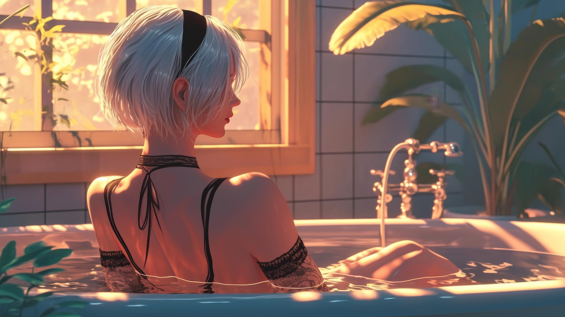 2B from Nier, in a white outfit, viewed from behind in a modern apartment with warm light