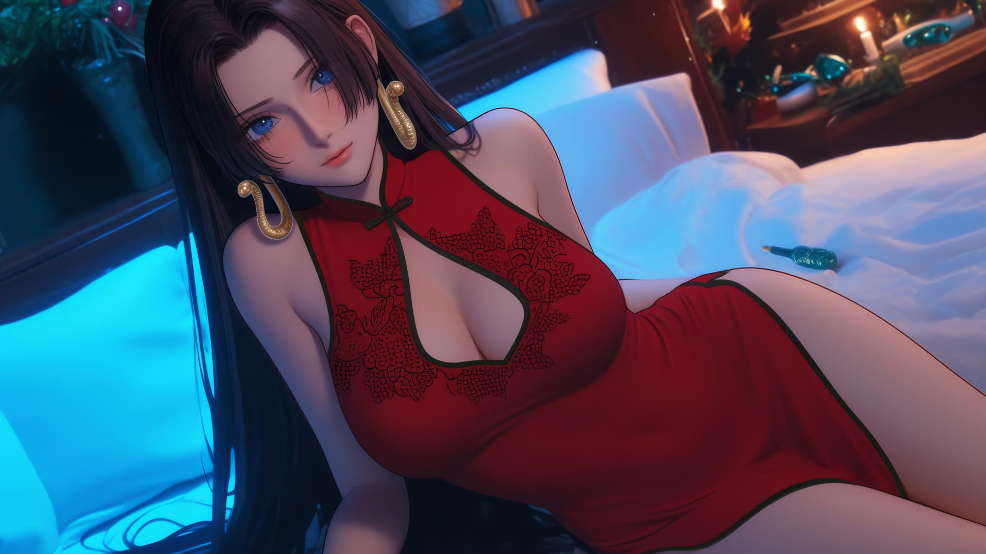 Boa Hancock in a red Christmas outfit in a neon-lit modern hotel room.