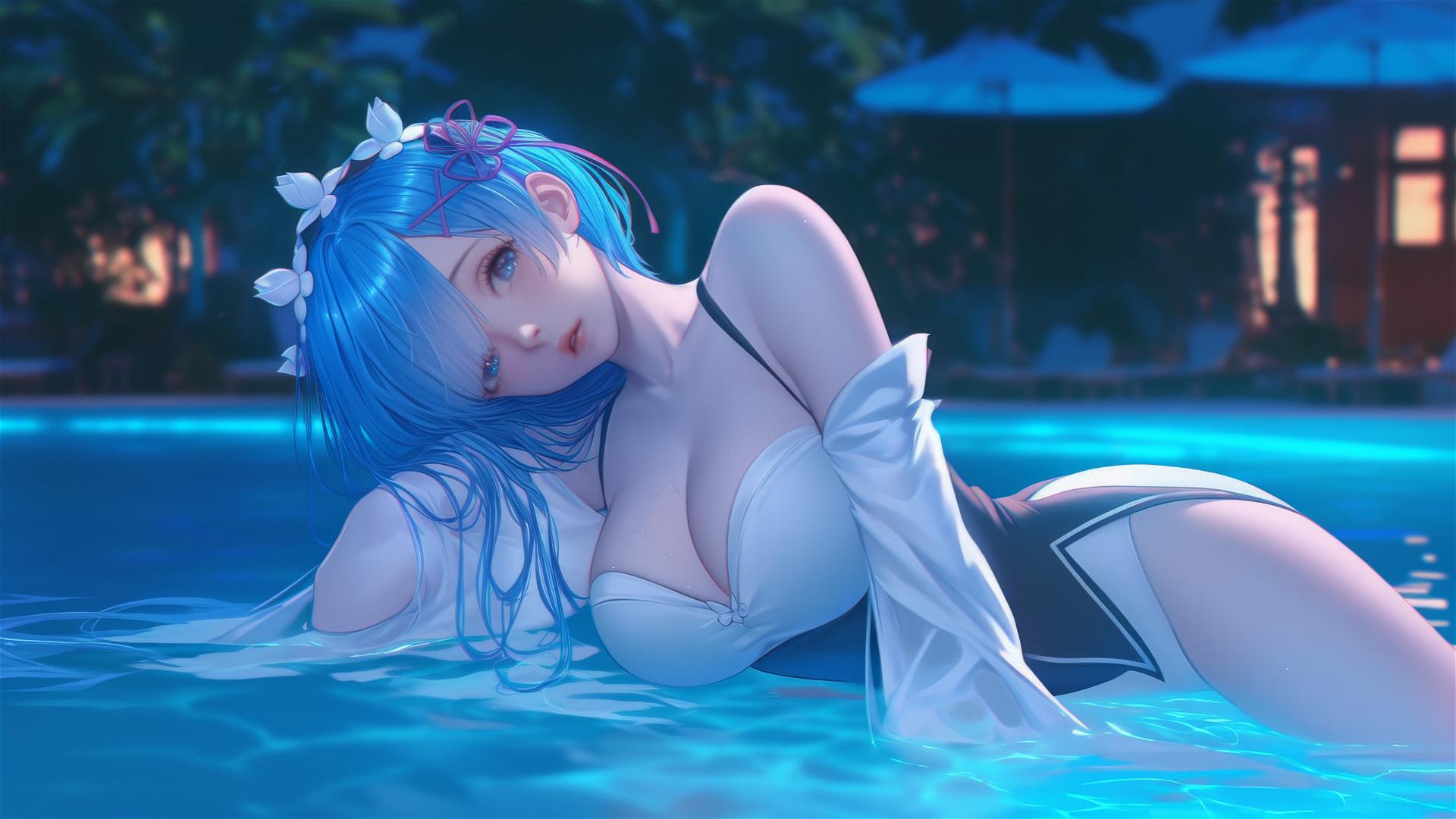 Rem from Re:Zero resting by a swimming pool under moonlight