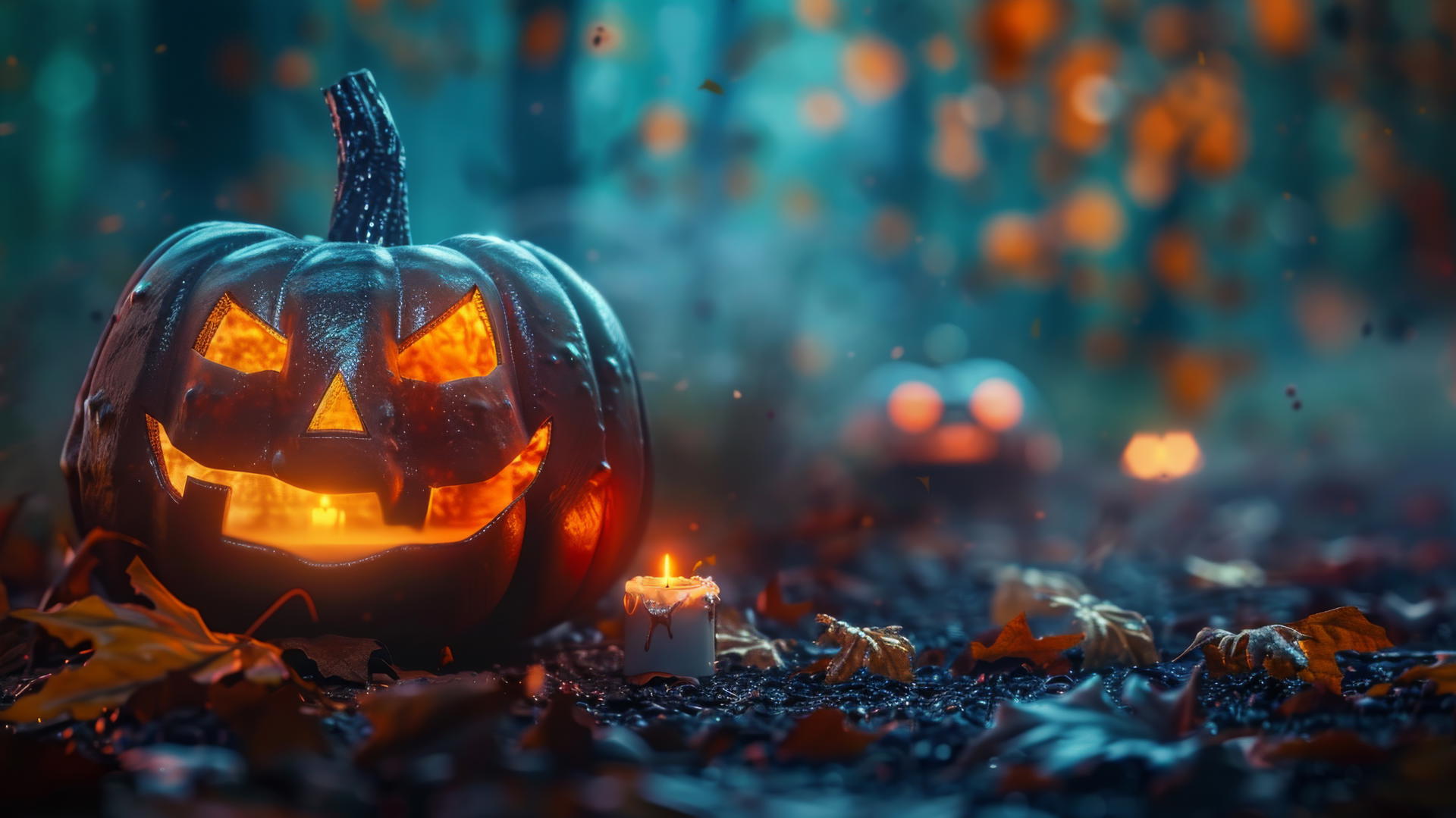 Spooky Halloween scene with pumpkins and eerie elements