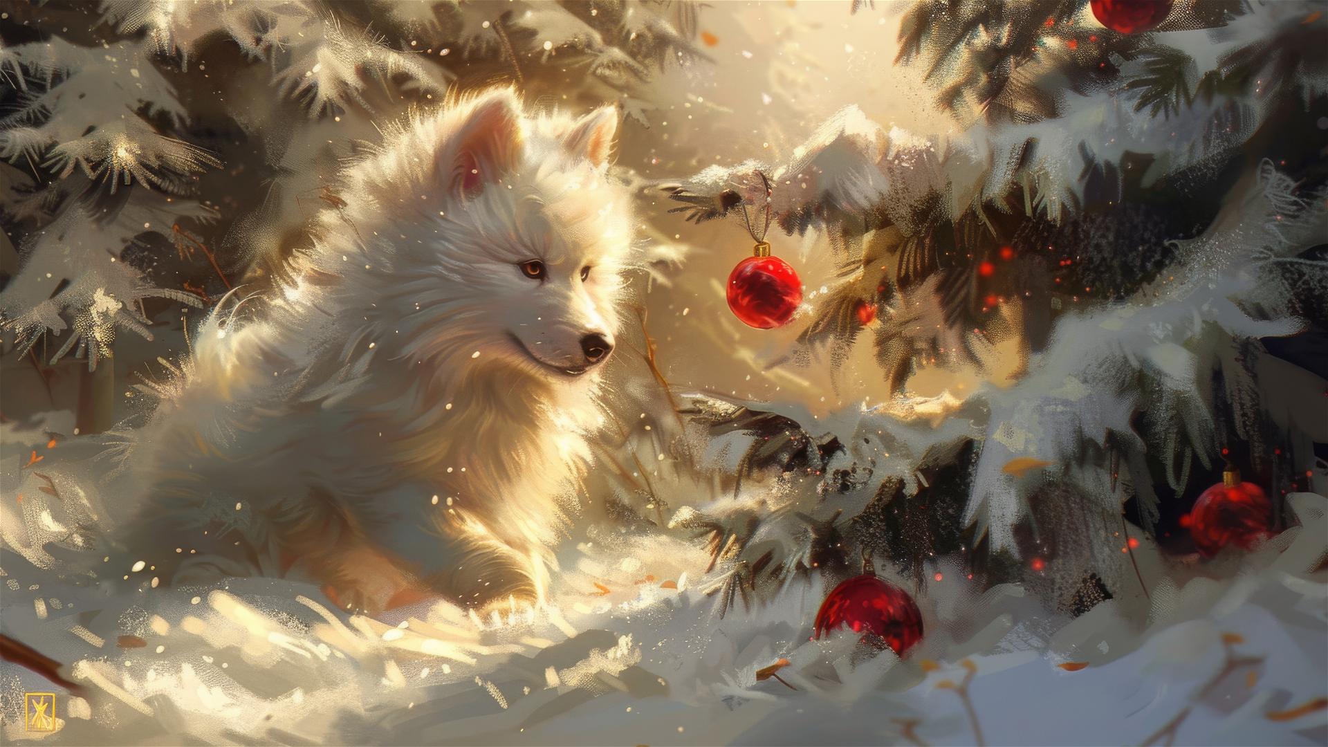 Realistic Samoyed dog celebrating New Year