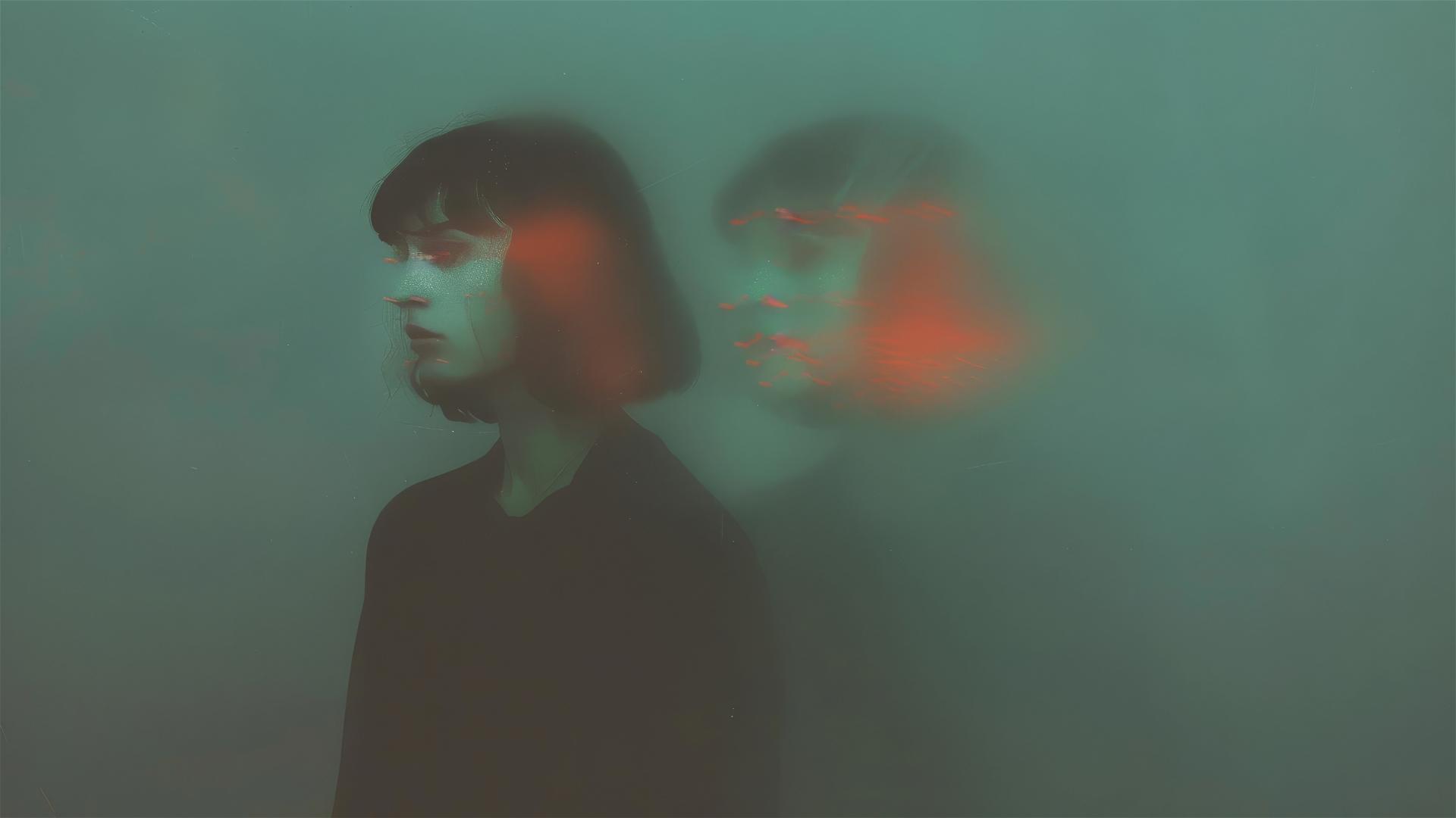 Twin ethereal figures with neon shadows in soft focus.
