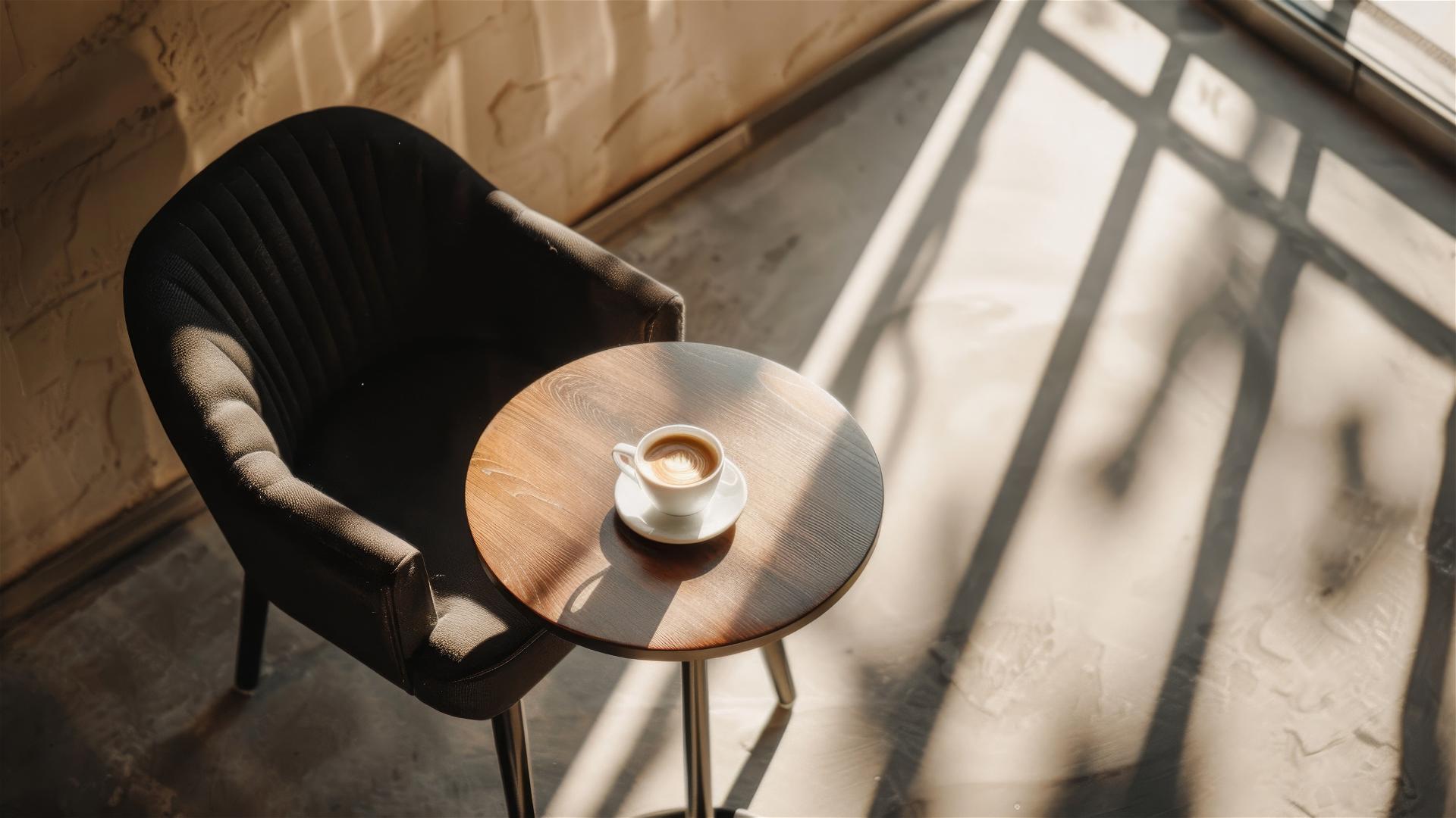 Minimalist coffee shop setup: black chair, wooden table, white coffee cup, beige carpet, beige wall, sunlight on concrete floor.