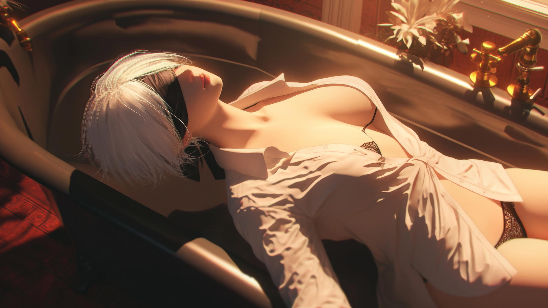 2B from Nier seen from above, in white shirt, blindfolded, illuminated by neon light