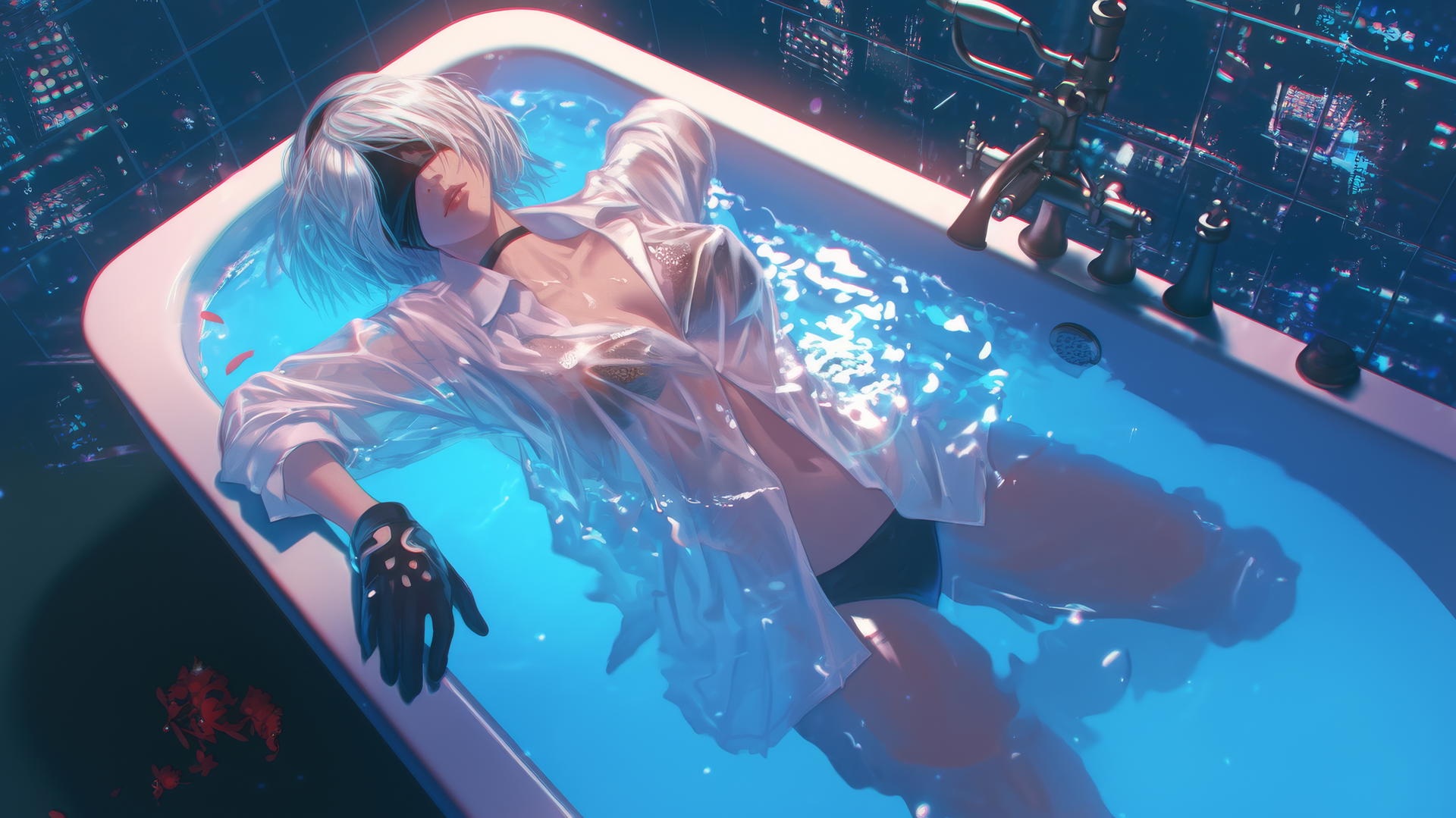 2B from Nier seen from above, in white shirt, black blindfold, neon-lit modern hotel room.