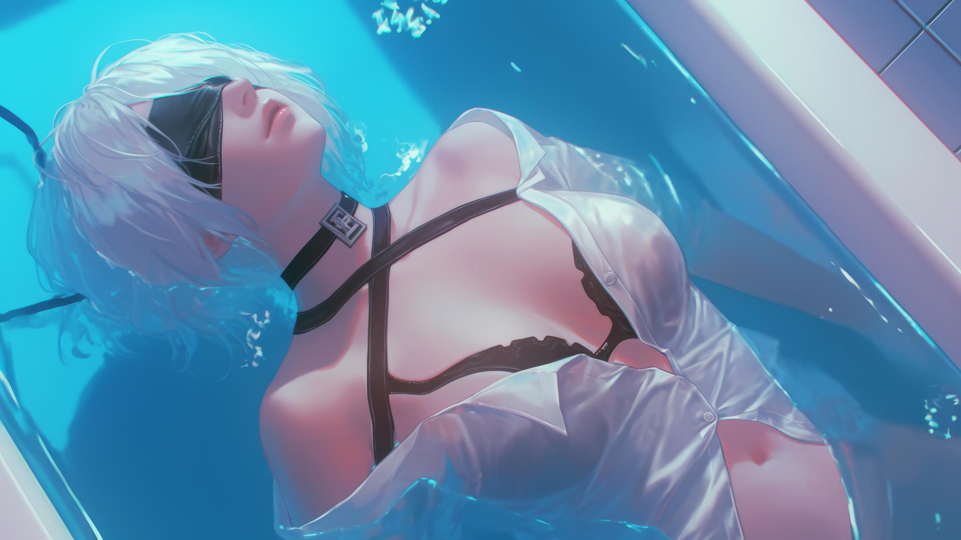 2B from Nier in a white shirt, black blindfold, neon-lit modern hotel room.