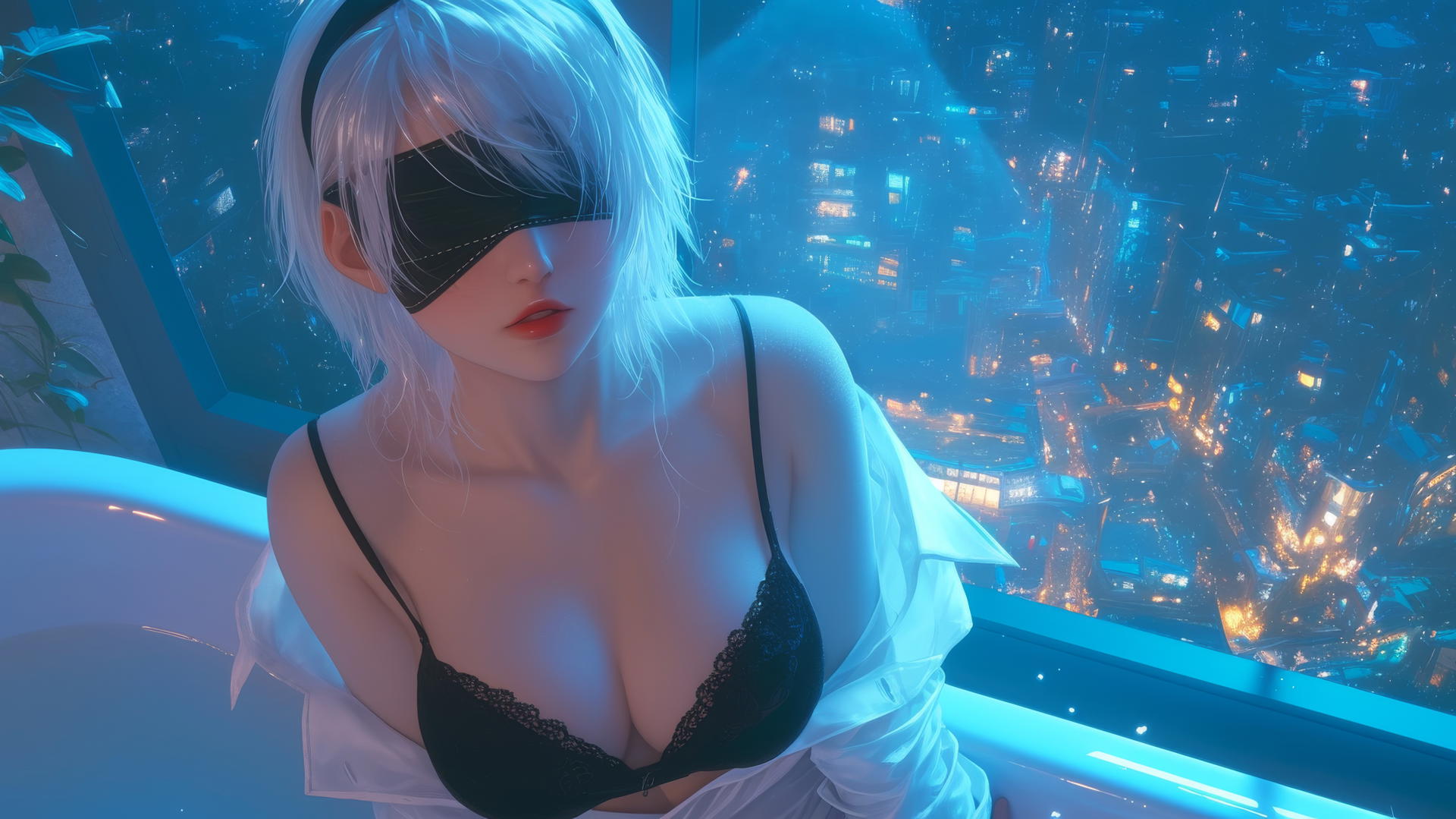 2B from Nier seen from above, wearing white office shirt, black blindfold, in a neon-lit modern hotel room.