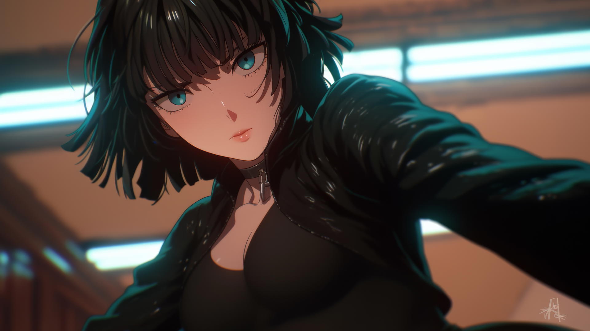 Fubuki from One Punch Man kneeling, neon-lit hotel ceiling background.