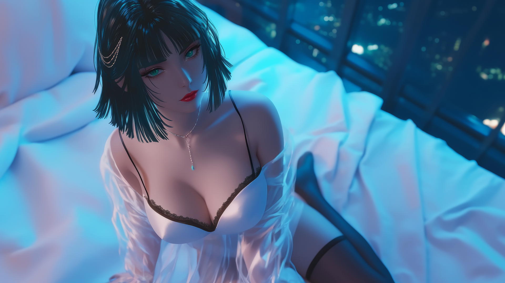 Fubuki from One Punch Man kneeling and looking up in a neon-lit modern hotel room.