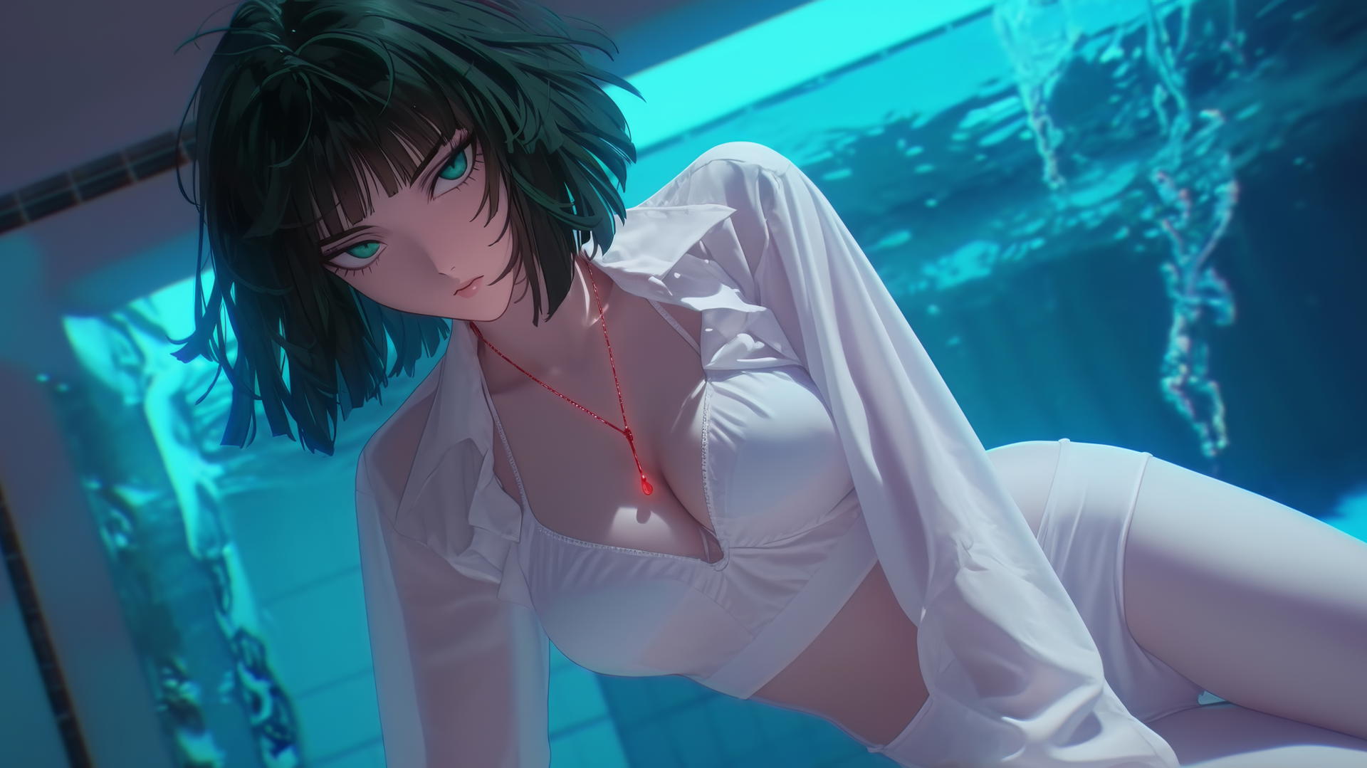 Fubuki from One Punch Man seen from below, with neon-lit hotel ceiling, dark green bob, light green eyes.