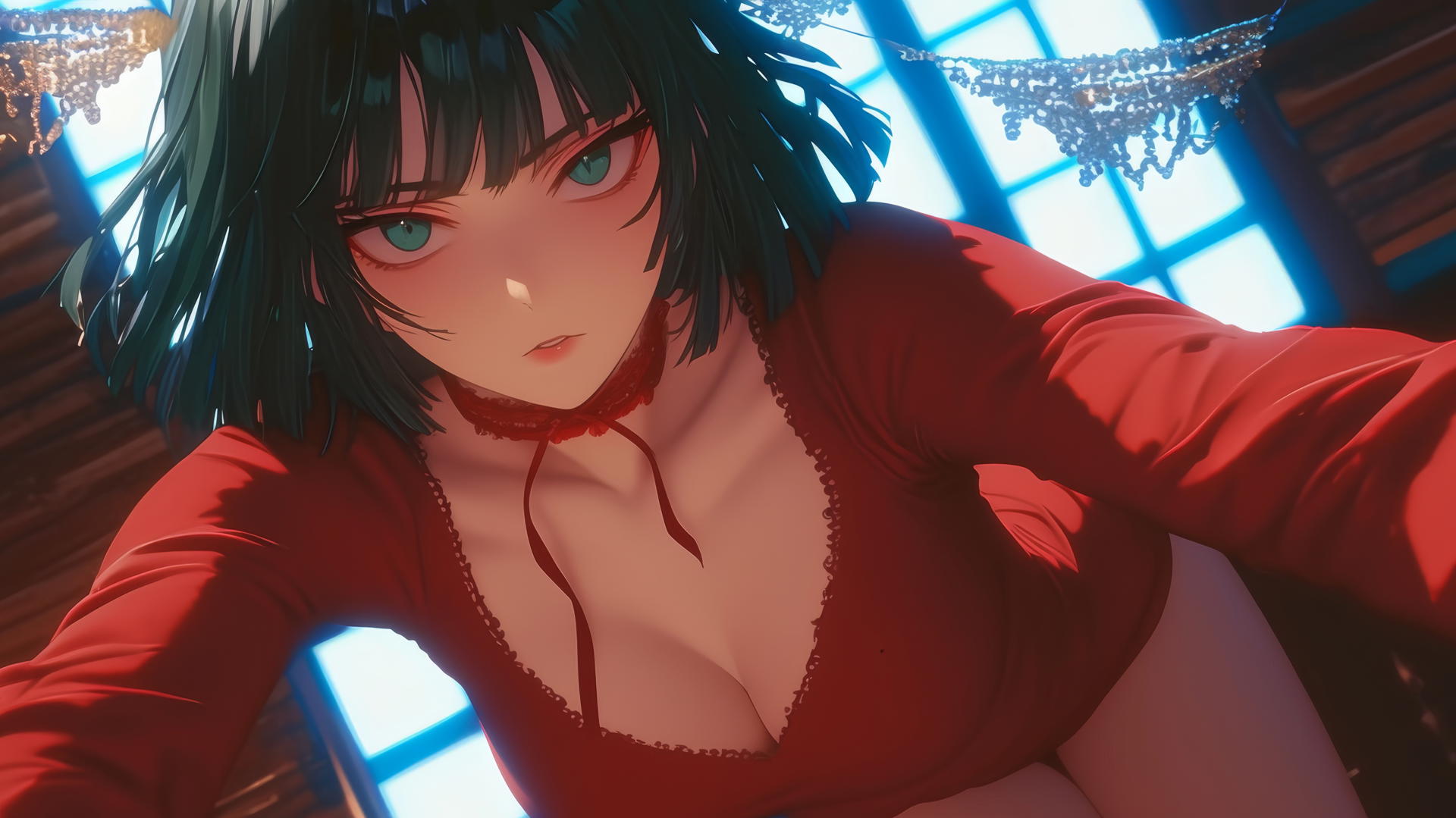 Fubuki from One Punch Man, in a kneeling pose, seen from below, with neon-lit hotel ceiling in the background.