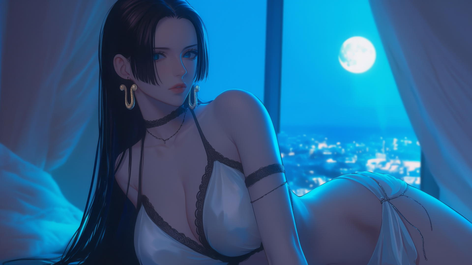 Boa Hancock from One Piece resting in a modern hotel room illuminated by moonlight.