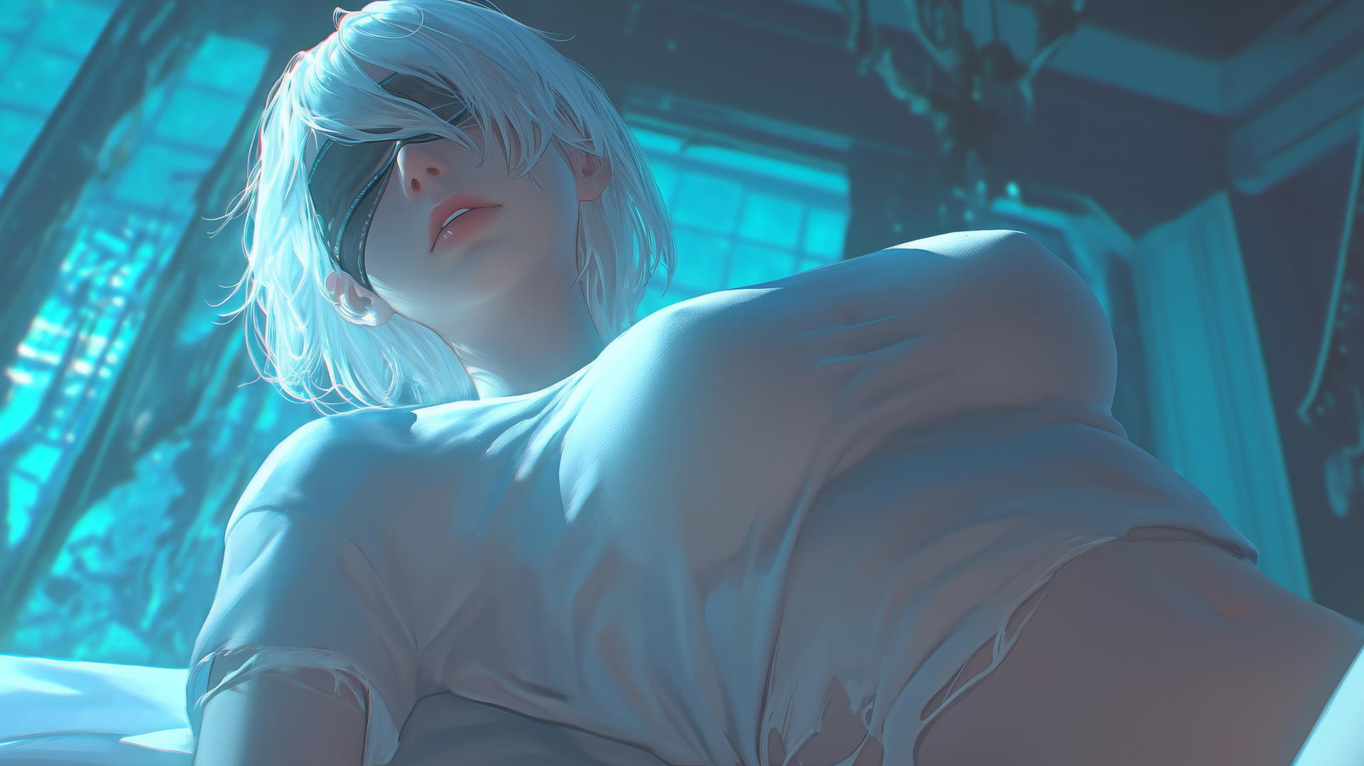 2B from Nier kneeling, in broken white t-shirt and blindfold, with hotel ceiling background.