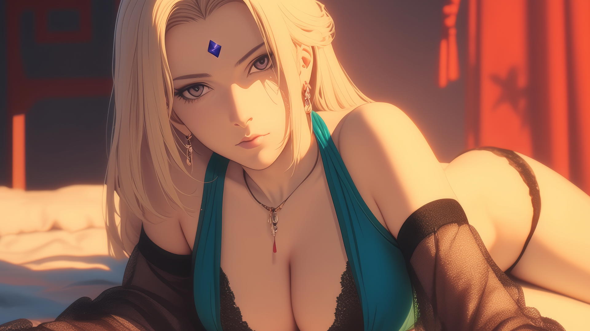 Tsunade from Naruto resting in a modern hotel room with neon lighting