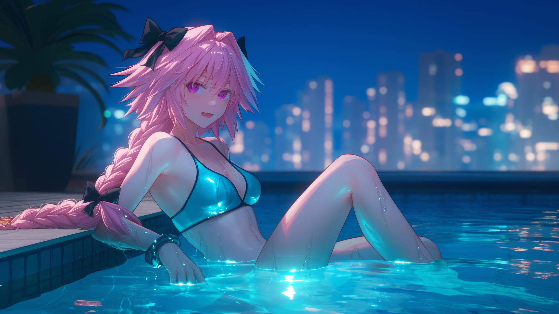 Astolfo from Type Moon resting by the swimming pool under moonlight.