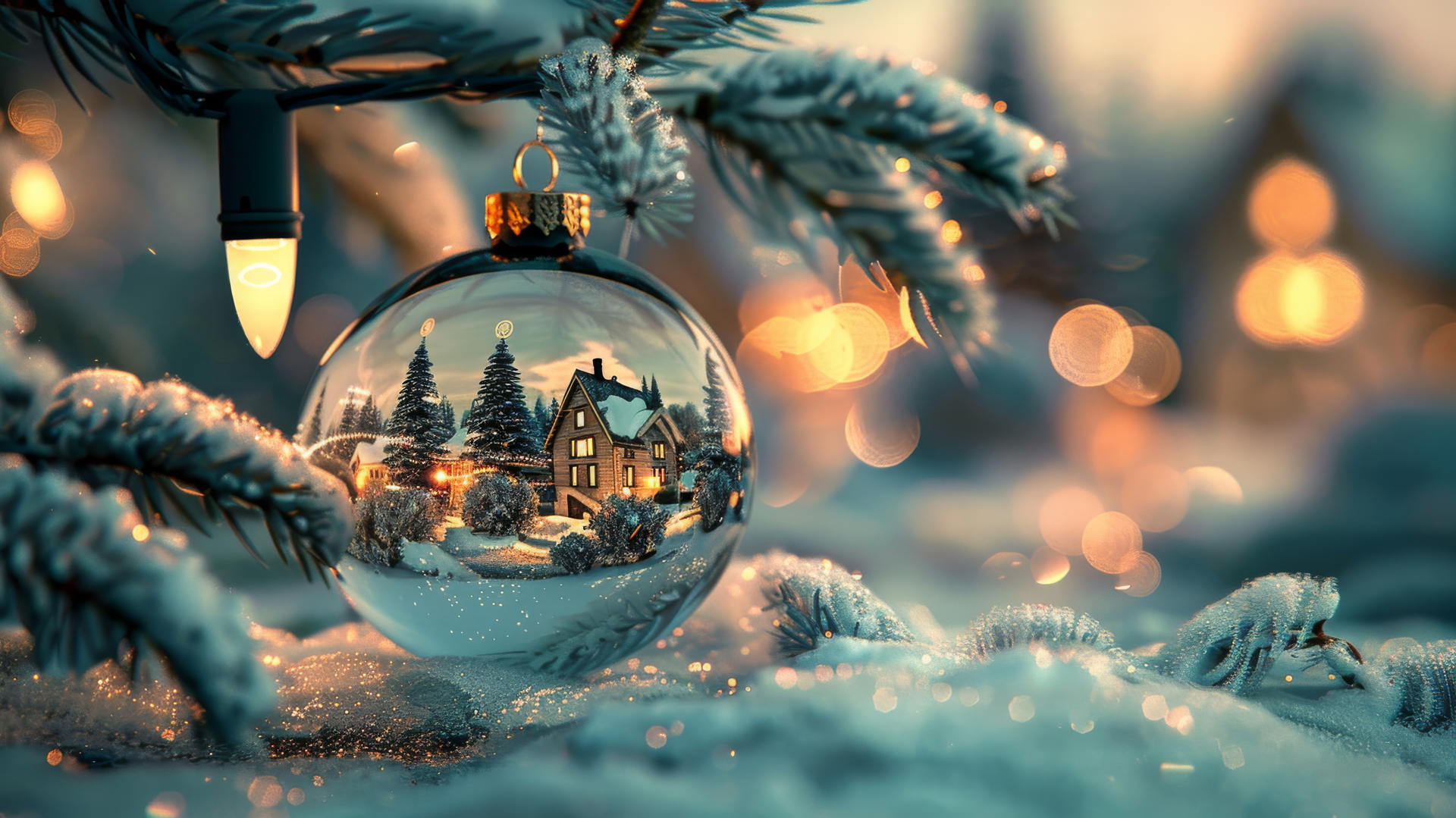 Glass Christmas balls on a tree with snow-covered villages inside