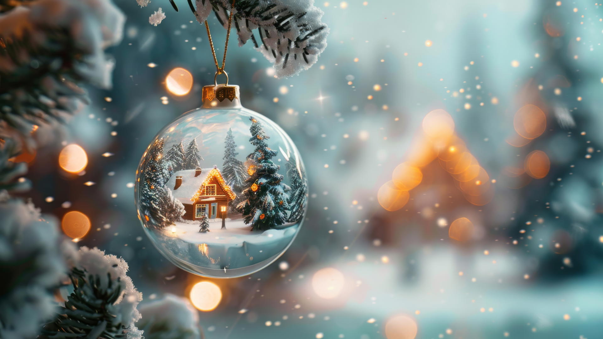 Glass Christmas balls hanging on a tree, enclosing snow-covered villages with glowing houses.