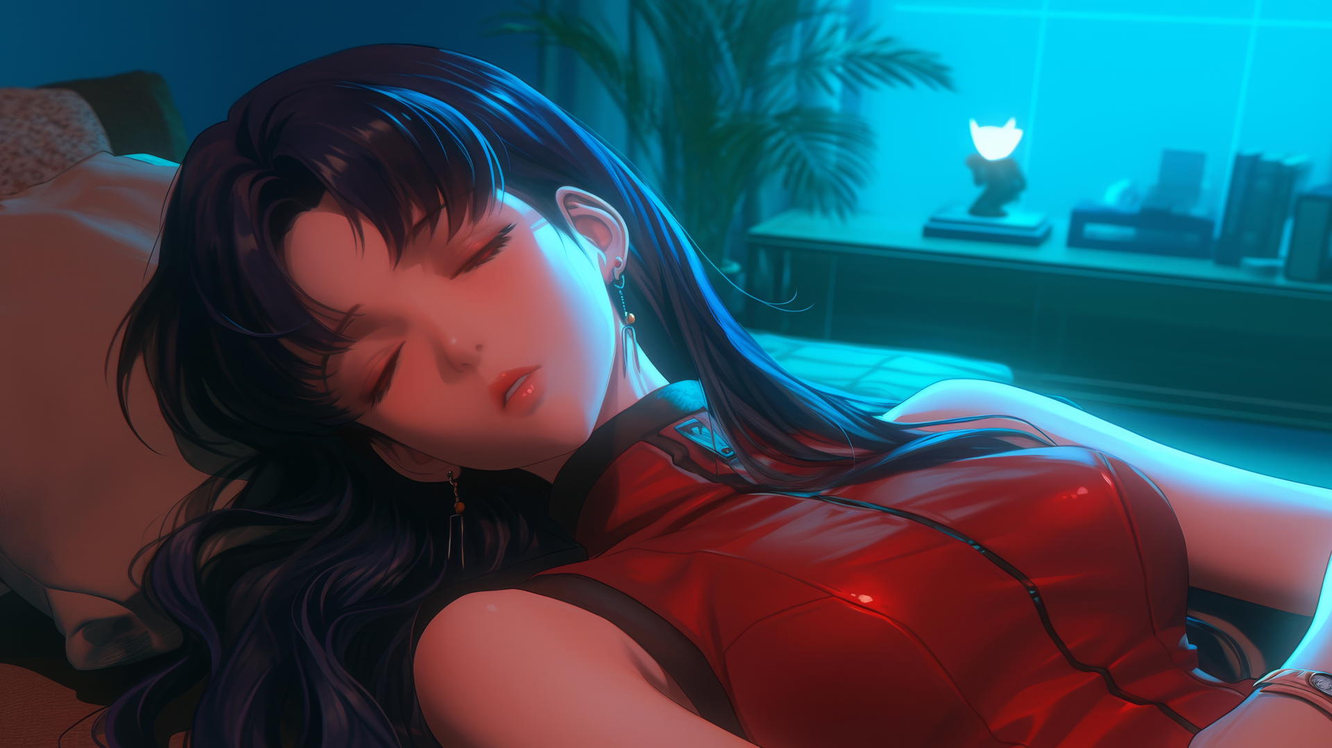 Misato Katsuragi with wavy violet hair and brown eyes resting in a modern hotel room, moonlight glow