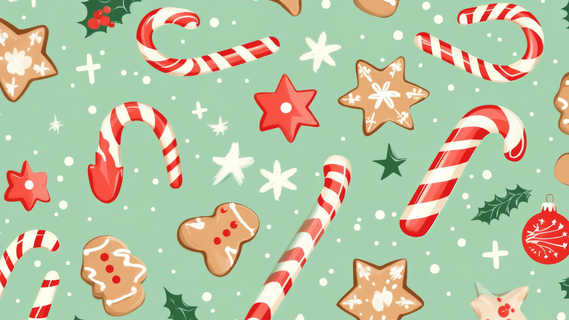 cute Christmas wallpaper preppy with candy canes, gingerbread cookies, and stars on pastel green background