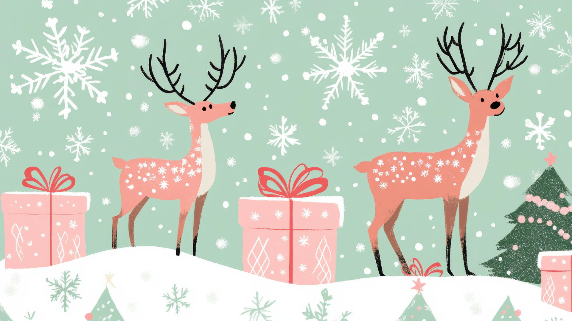 Cute Christmas wallpaper preppy with reindeer, snowflakes, and wrapped gifts in pastel pink and light green.