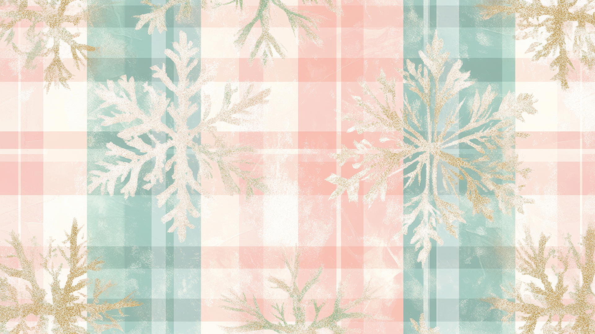 preppy Christmas wallpaper with pastel plaid pattern, snowflakes, and holly leaves