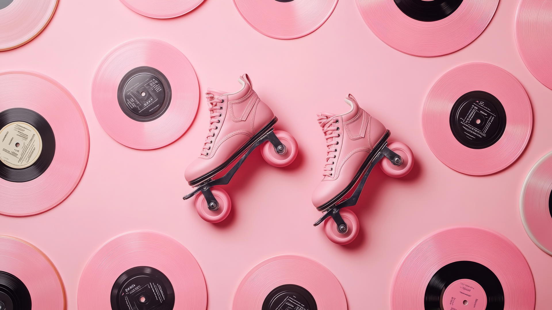 preppy pink wallpaper with pink roller skates and vinyl records on pastel pink background